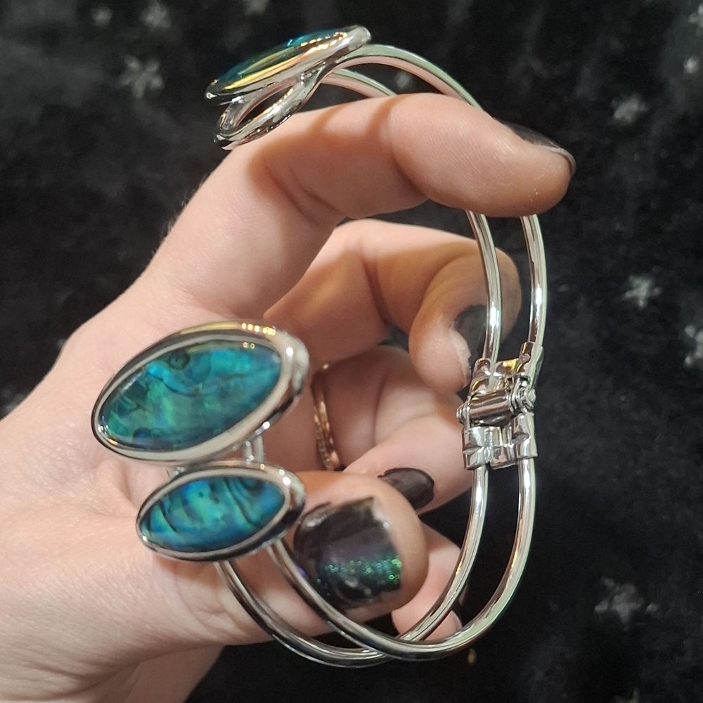 🐚Abalone Puau Shell Blue Green Mother Of Pearl Silver Hinge Cuff Bracelet - Picture 8 of 10
